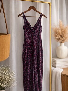 Women’s Navy Floral Slip Dress with Pink Accent